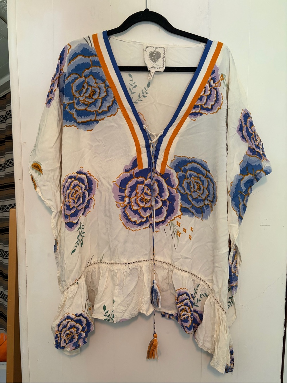 Z&L one size boho floral v-neck tunic top in white, blue, orange, and lavender